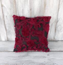 Pillow Cushion in Black With Maroon Ruffles, Texture & Flowers, Shabby Chic Romantic Home Decor - thumbnail 1