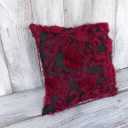 Pillow Cushion in Black With Maroon Ruffles, Texture & Flowers, Shabby Chic Romantic Home Decor - thumbnail 2