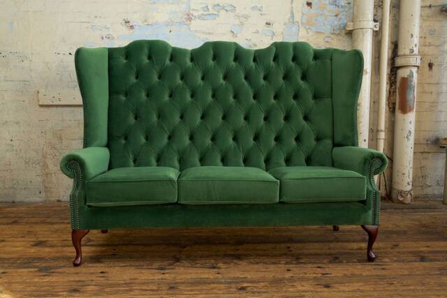 3 Seater Green Velvet High Wing Back Chesterfield Sofa - image 1