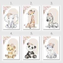 Choose Your Own Boho Safari Jungle Animal Elephant Giraffe Zebra Lion Girls A4 Or A3 Nursery Set Of Unframed Prints Flower Neutral Pink - thumbnail 2