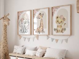 Choose Your Own Boho Safari Jungle Animal Elephant Giraffe Zebra Lion Girls A4 Or A3 Nursery Set Of Unframed Prints Flower Neutral Pink - thumbnail 1