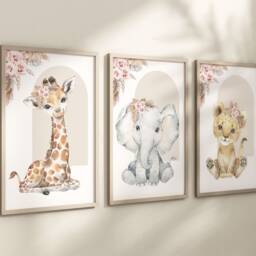 Choose Your Own Boho Safari Jungle Animal Elephant Giraffe Zebra Lion Girls A4 Or A3 Nursery Set Of Unframed Prints Flower Neutral Pink - thumbnail 3