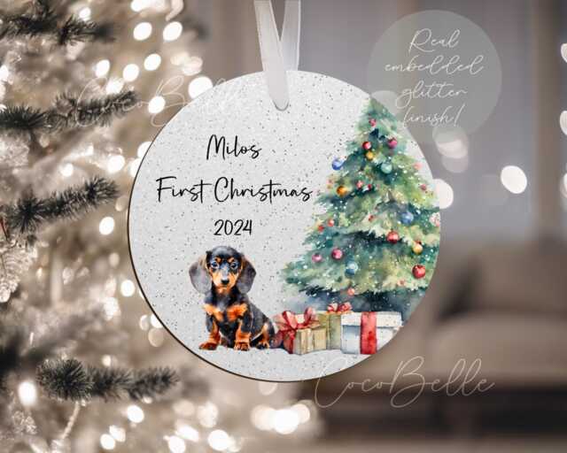 Personalised Dachshund Bauble, Any Text Colour New Puppy Gift Watercolour Sausage Dog Name Christmas Tree Pet Ideas Lover Owner - image 1