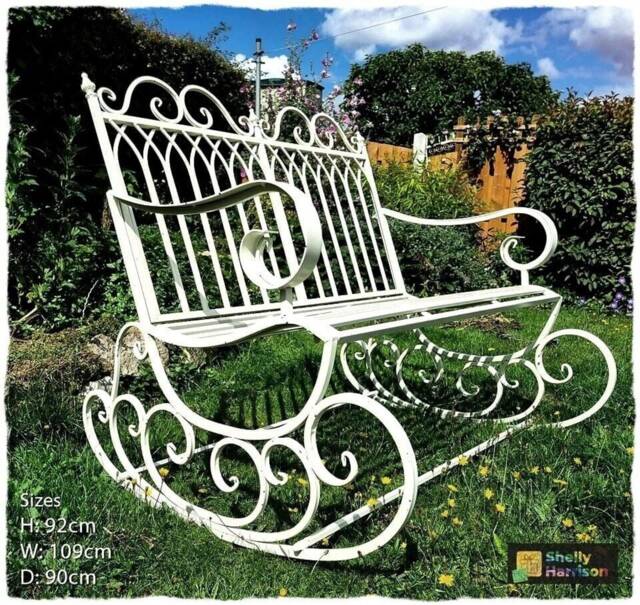 Victorian Style Metal Garden Rocking Bench - Shabby Chic Chipped Aged Finish, Rustic Outdoor Seating For Patio, Porch, Or Decor
