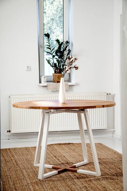 Extendable Round Kitchen Table, Modern Dining Room Table With Extendable Oak Top, Rectangular Steel Frame, M??ne White - image 1