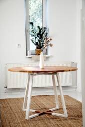 Extendable Round Kitchen Table, Modern Dining Room Table With Extendable Oak Top, Rectangular Steel Frame, M??ne White - thumbnail 1