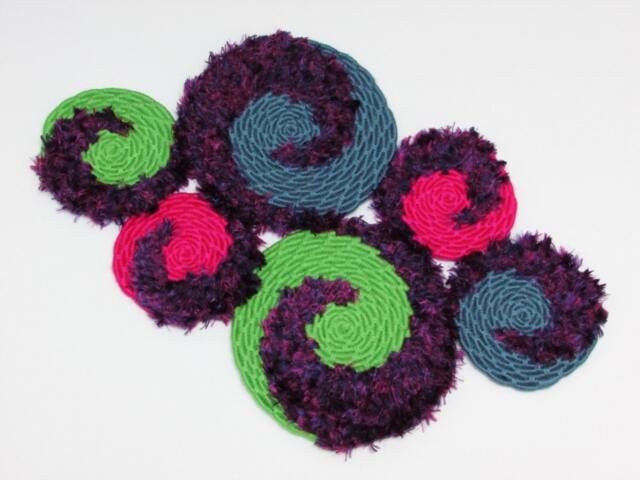 Bright, Fun & Colorful 6-Disc Spiral Design Coiled Jute Fiber Wall Hanging - Hot Pink, Neon Green, Steel Blue with Feathery Purple Yarn - image 1