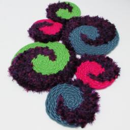 Bright, Fun & Colorful 6-Disc Spiral Design Coiled Jute Fiber Wall Hanging - Hot Pink, Neon Green, Steel Blue with Feathery Purple Yarn - thumbnail 2