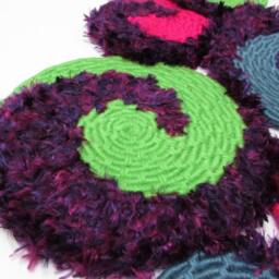 Bright, Fun & Colorful 6-Disc Spiral Design Coiled Jute Fiber Wall Hanging - Hot Pink, Neon Green, Steel Blue with Feathery Purple Yarn - thumbnail 3
