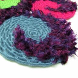 Bright, Fun & Colorful 6-Disc Spiral Design Coiled Jute Fiber Wall Hanging - Hot Pink, Neon Green, Steel Blue with Feathery Purple Yarn - thumbnail 4
