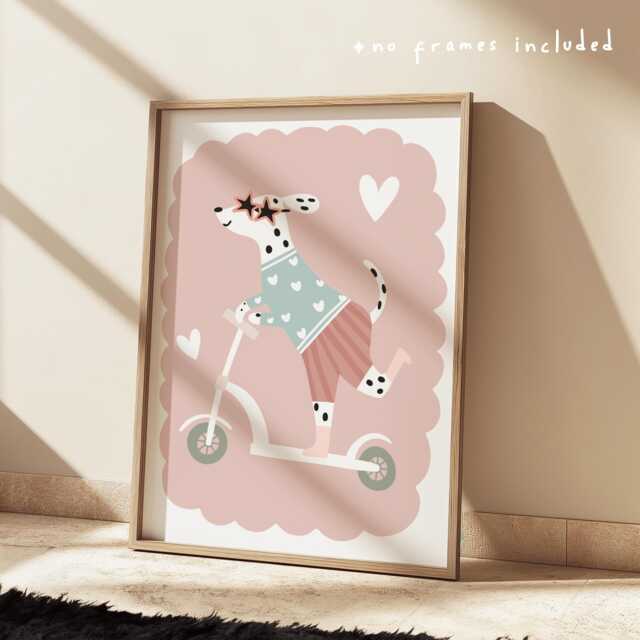 Dog On Scooter Print Dusty Pink & Green Nursery Art - image 1