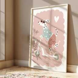 Dog On Scooter Print Dusty Pink & Green Nursery Art - thumbnail 2