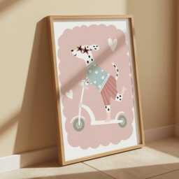 Dog On Scooter Print Dusty Pink & Green Nursery Art - thumbnail 3