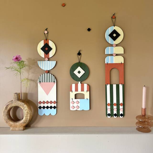 Hand-Painted Geometric Wall Art Set - Modern Colorful Plywood Hangings - image 1