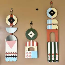 Hand-Painted Geometric Wall Art Set - Modern Colorful Plywood Hangings - thumbnail 3