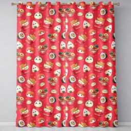 Cute Kawaii Sushi Ramen Dumpling Asian Food Seamless Pattern Red Background Readymade Eyelet Ring Top Thermal 100% Blackout Curtains - thumbnail 2
