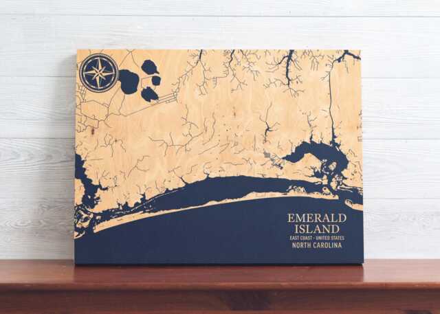 Emerald Island, North Carolina Map - Engraved Wood Coastal Chart Wall Art Sign, Beach Home Decor Nautical Print, Personalized Family Gift - image 1