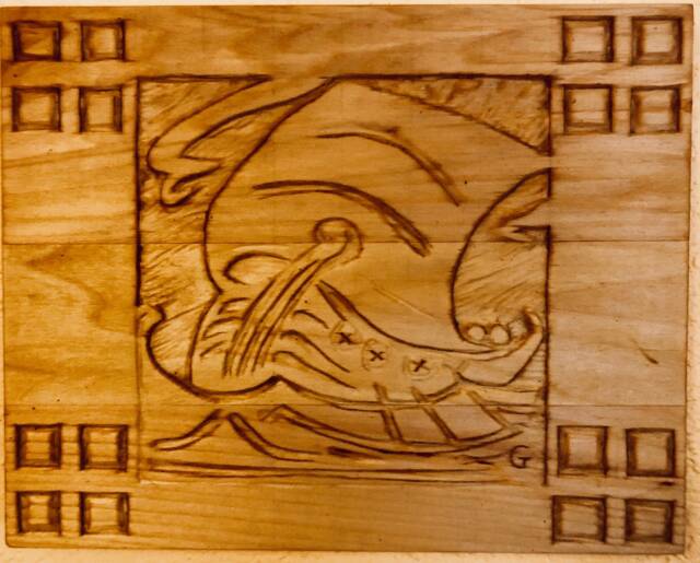Hand Carved Batchelder Tile Replica, Viking Ship On Basswood