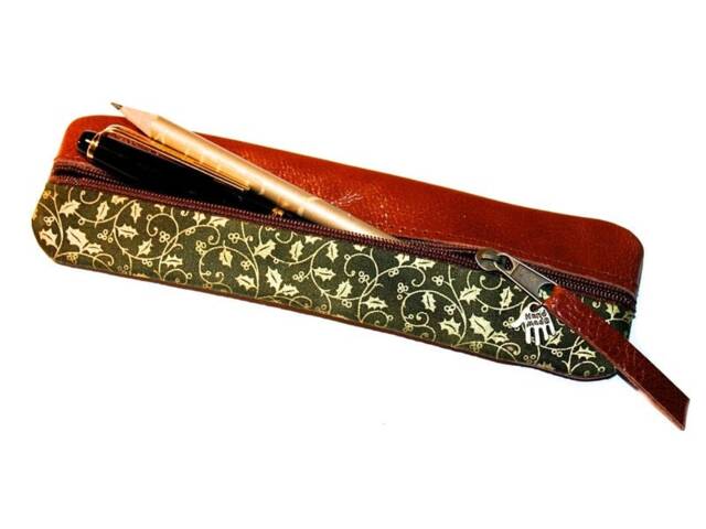 Green Gold Pen Case Leather & Fabric Pencil Khaki - image 1