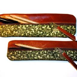 Green Gold Pen Case Leather & Fabric Pencil Khaki - thumbnail 2