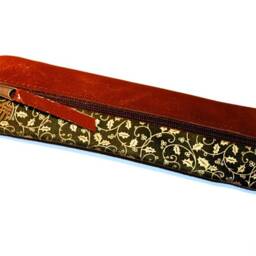 Green Gold Pen Case Leather & Fabric Pencil Khaki - thumbnail 4