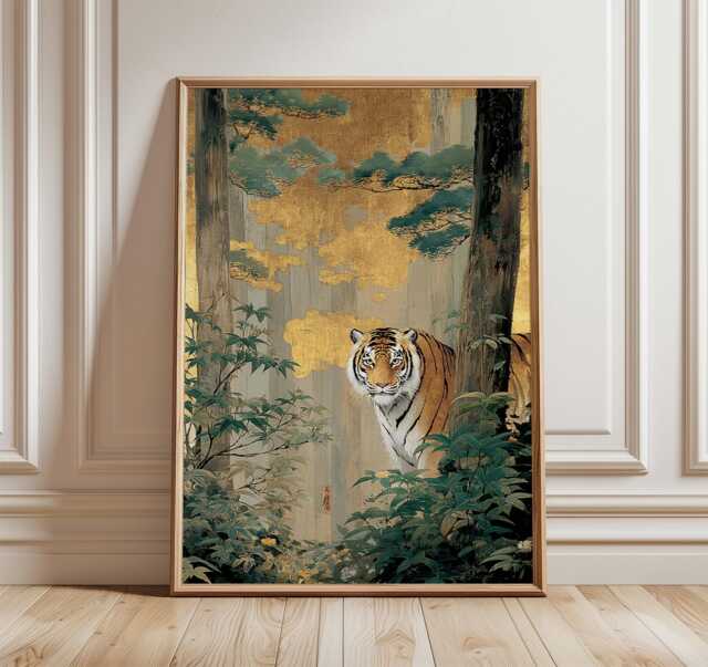 Golden Tiger Wall Art, Japanese Style Jungle Painting, Bengal Print, Nature Wildlife Poster, Luxurious Gold Leaf Forest Decor - image 1