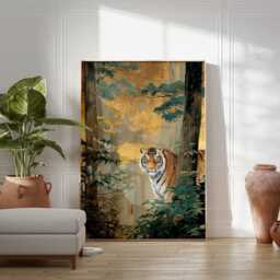 Golden Tiger Wall Art, Japanese Style Jungle Painting, Bengal Print, Nature Wildlife Poster, Luxurious Gold Leaf Forest Decor - thumbnail 3