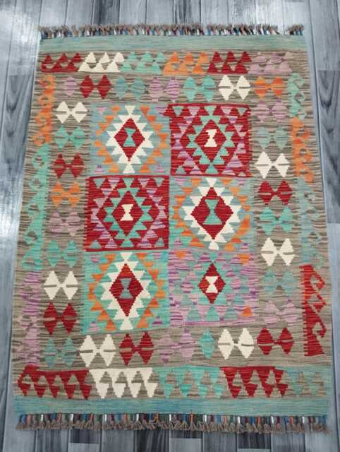 Multicolour Rug, Handmade Artisan Afghan Turkish Scandinavian Navajo Bohemian Flatweave Wool Kilim 127x100 cm - image 1