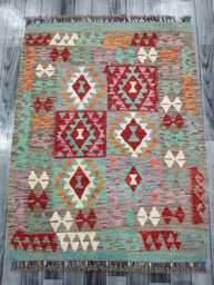 Multicolour Rug, Handmade Artisan Afghan Turkish Scandinavian Navajo Bohemian Flatweave Wool Kilim 127x100 cm - thumbnail 1