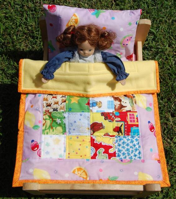 Doll Quilt Pillow & Pillowcase Set Fruit On Lavender - Ready To Ship - image 1