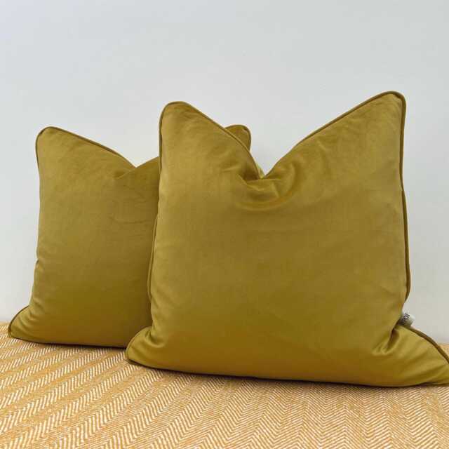 Handmade Mustard Velvet Cushion Modern Throw Pillow, Piped Edge, Feather Insert Included - image 1