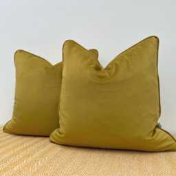 Handmade Mustard Velvet Cushion Modern Throw Pillow, Piped Edge, Feather Insert Included - thumbnail 1