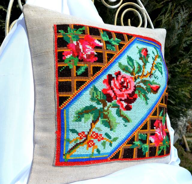 Embroidered Rose Linen Pillow Cover Rustic Cross Stitch Cushion Case - image 1