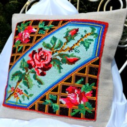 Embroidered Rose Linen Pillow Cover Rustic Cross Stitch Cushion Case - thumbnail 3