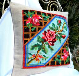 Embroidered Rose Linen Pillow Cover Rustic Cross Stitch Cushion Case - thumbnail 1