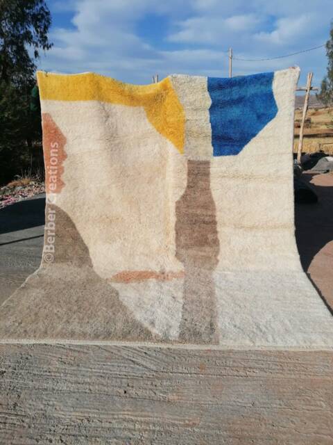 The Azure Horizon Abstract Modern Moroccan Rug, Blue & Ochre Yellow Painterly Wool Carpet, Unique Contemporary Geometric Berber Rug - image 1