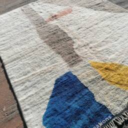 The Azure Horizon Abstract Modern Moroccan Rug, Blue & Ochre Yellow Painterly Wool Carpet, Unique Contemporary Geometric Berber Rug - thumbnail 3