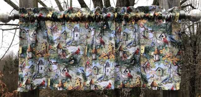 Cardinal Bluebird Birdhouse Curtain Valance, Garden Bird Watcher Kitchen Bedroom Window Decor, Songbird Nature Floral Print - image 1