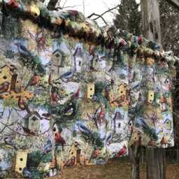 Cardinal Bluebird Birdhouse Curtain Valance, Garden Bird Watcher Kitchen Bedroom Window Decor, Songbird Nature Floral Print - thumbnail 3