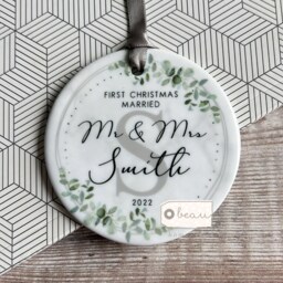 Personalised First Christmas Married Gift Wedding Gift Mr Mrs Newlywed Botanical Greenery Ceramic Or Acrylic Round Ornament Keepsake