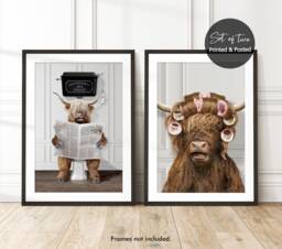 Set Of 2, His & Hers, Highland Cow Funny Bathroom Prints, On The Toilet in Hair Curlers, Valentines Day Or Anniversary Prints - thumbnail 1