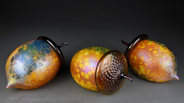 Hand Blown Glass Sculpted Acorn in Sky Blue, Green, Brown & Orange - image 1