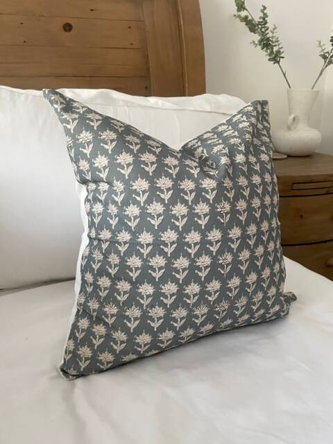 Floral Teal Cotton Cushion With Feather Insert Farmhouse Style Throw Pillow - 45x45cm - image 1