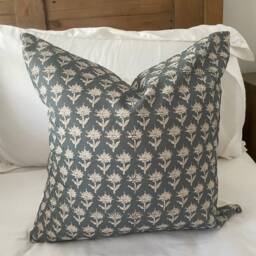 Floral Teal Cotton Cushion With Feather Insert Farmhouse Style Throw Pillow - 45x45cm - thumbnail 2