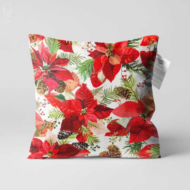 Red Poinsettia Chenille Cushion Cover, Double Sided Floral Pillow - image 1