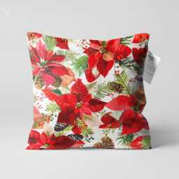 Red Poinsettia Chenille Cushion Cover, Double Sided Floral Pillow - thumbnail 1