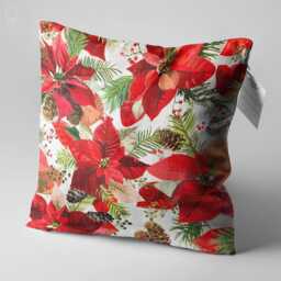 Red Poinsettia Chenille Cushion Cover, Double Sided Floral Pillow - thumbnail 3
