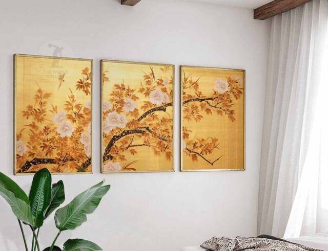 Ogata Korin Japanese Floral Art Print Set, Golden Oriental Decor - image 1