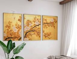 Ogata Korin Japanese Floral Art Print Set, Golden Oriental Decor - thumbnail 1