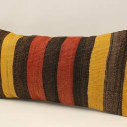 Vintage Turkish Kilim Pillow Cover, Hand-Woven Wool Lumbar Cushion - 10x20 In - thumbnail 3